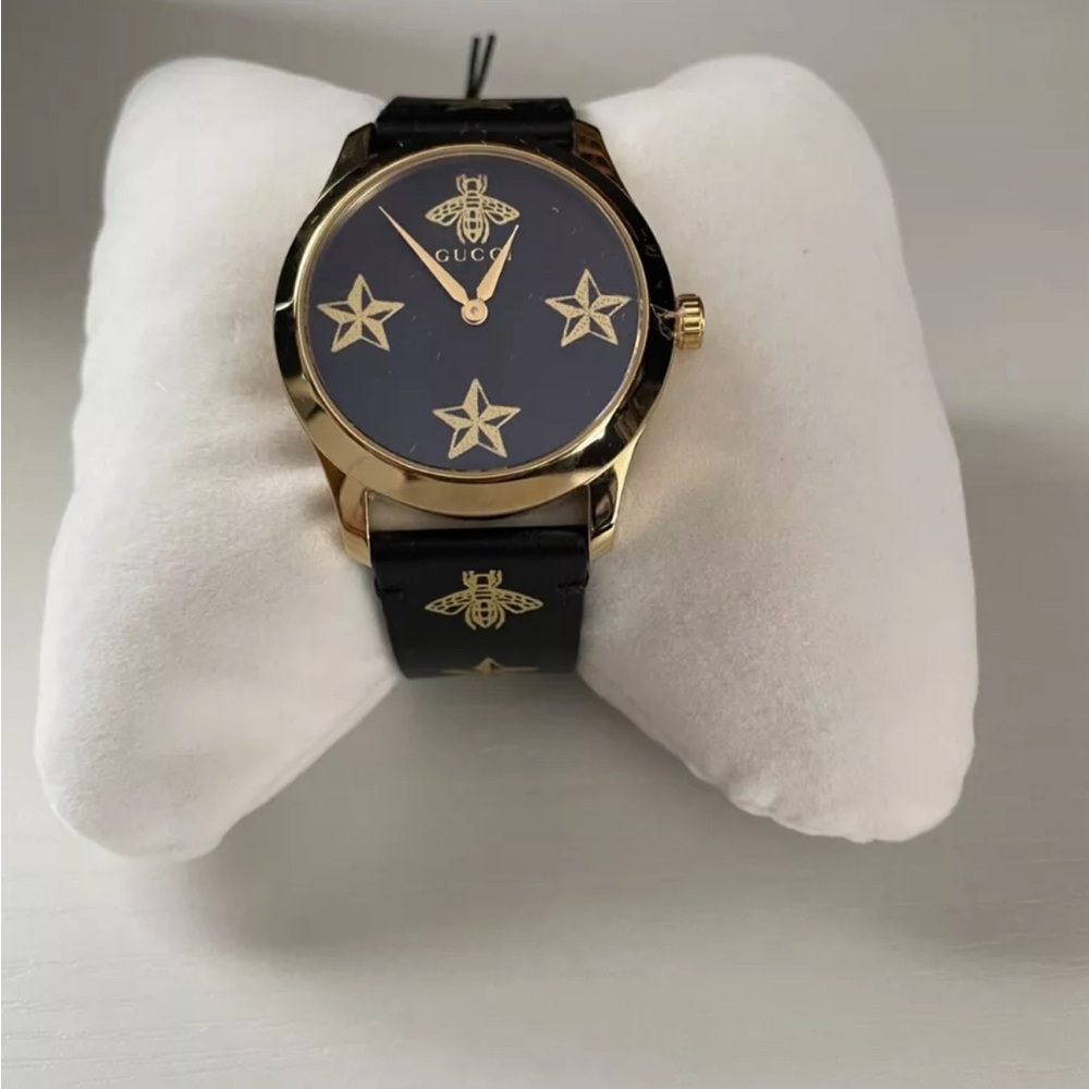 Gucci YA1264055 Black Leather Star Bees Wrist Watch for Women